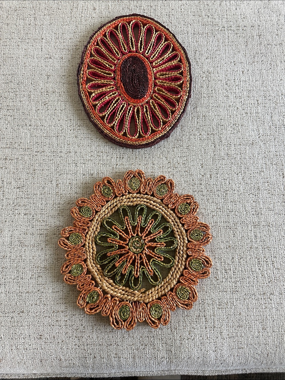 Vintage Woven Raffia Straw Trivets MCM Boho Set of 2